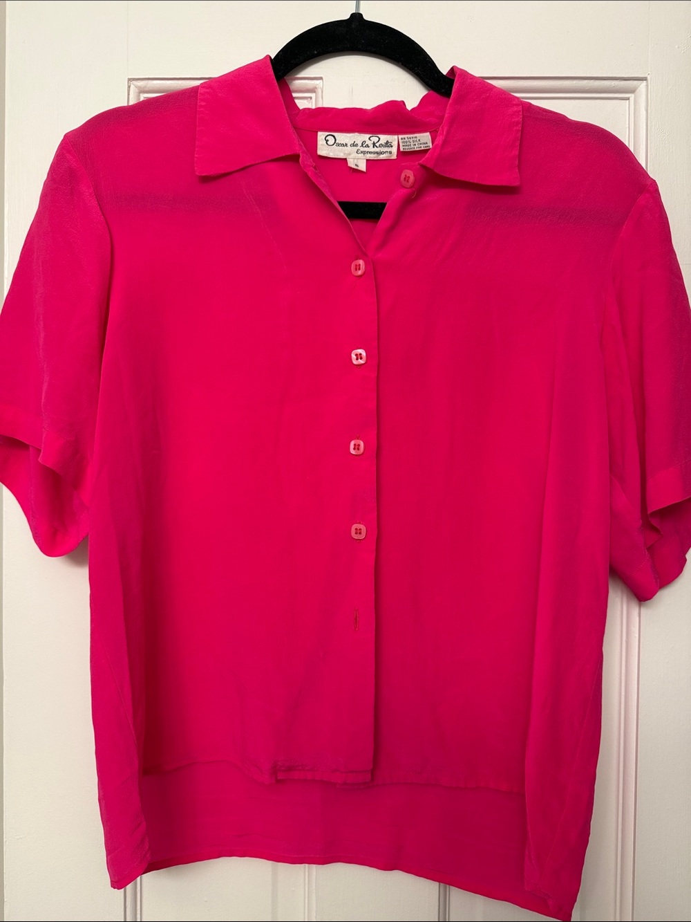 Women's 100% silk Oscar de la Renta Button Front Blouse - Hot Pink